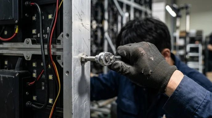 A Korean technician's gloved hand tightening a bolt on an LED cabinet.
