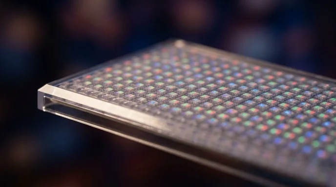 Macro view of a transparent LED pixel module surface showing tiny diodes in clear resin.