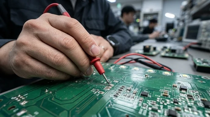 An engineer's hand testing the back circuit board of an LED module with a multimeter probe.