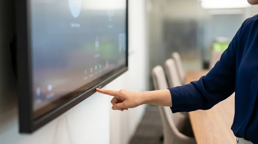 A Korean employee's hand touching the bezel of a large display in a modern meeting room.