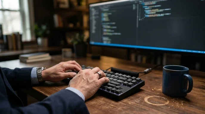 A Korean executive's hands typing on a keyboard with a worn coffee ring nearby, against a blurred wide display monitor.