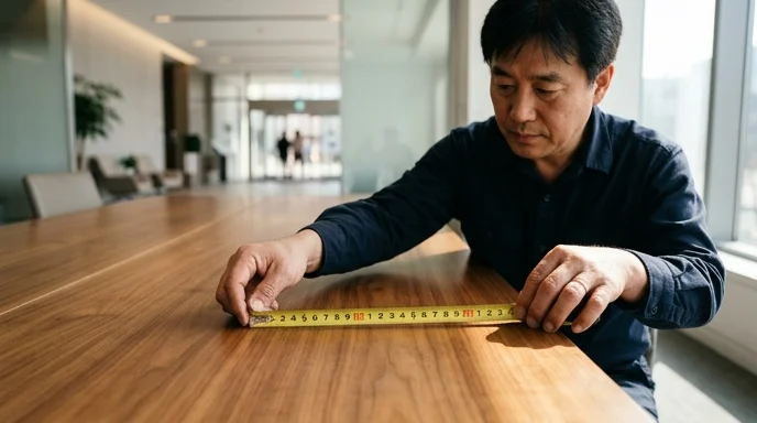 A Korean technician's hands measuring the length of a wooden conference table with a tape measure.