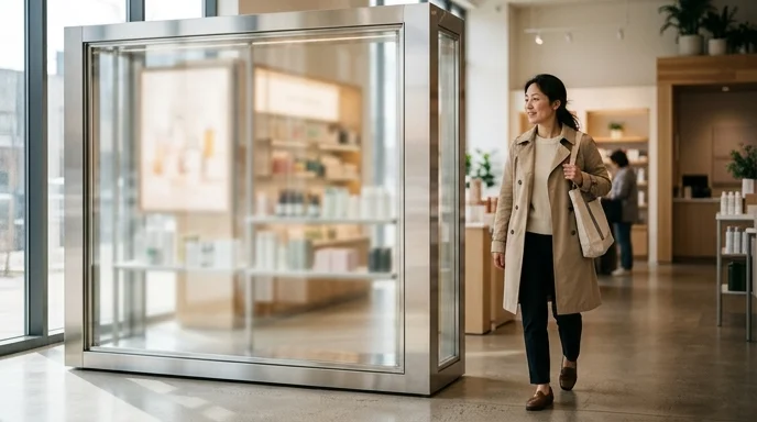 A Korean female customer walking past a large display inside a retail store.