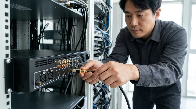 A Korean technician's bare hands connecting cables into the rear ports of an AV processor device.