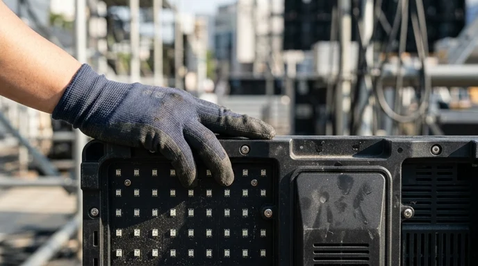 Close-up of a Korean technician's gloved hand resting on an LED module panel surface.