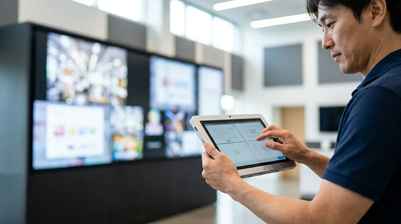 A Korean technician's bare hands holding a tablet to configure a layout for a large display.