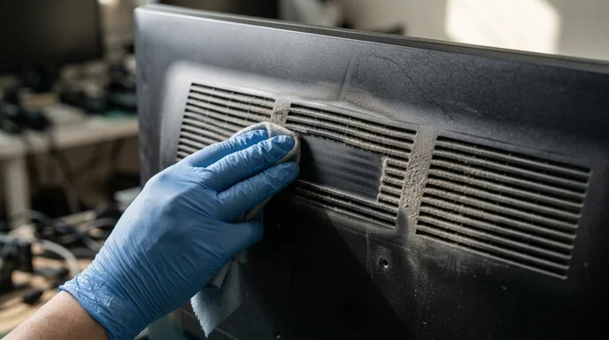 A gloved hand wiping dust from the rear ventilation slots of a large display.