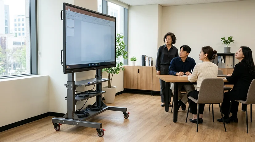 회의실 한쪽 구석에 위치한 두꺼운 금속 기둥의 이동식 스탠드에 스크린이 거치되어 있고, 바퀴 네 개에 모두 잠금 레버가 내려진 상태의 모습