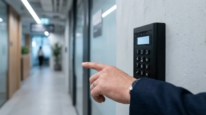 A manager's hand pressing a button on an access control keypad mounted on a wall.
