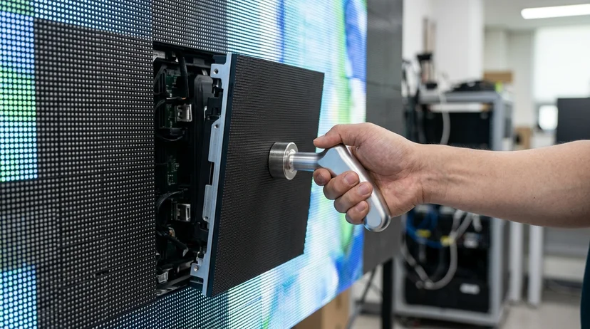A Korean technician's hand using a magnetic suction tool to detach a panel block from an LED cabinet.
