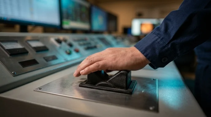 An operator rests his hand on the main power toggle of a worn control console.