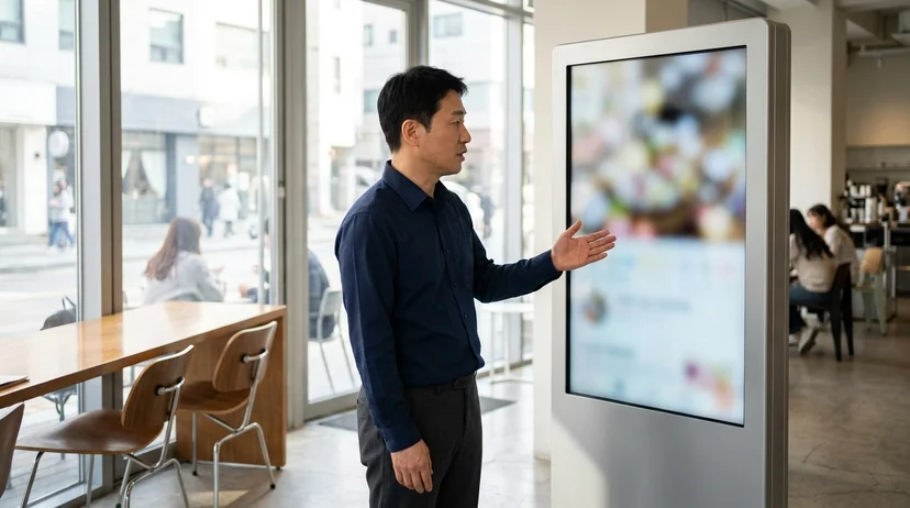 A store manager gesturing towards a tall digital signage display near a bright cafe window.