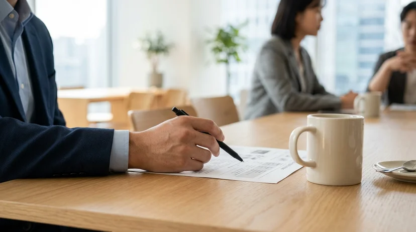 A Korean staff member's hand pointing with a pen at a specification sheet on a meeting table.