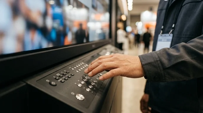 A Korean technician's hand hovering over the control panel of a digital signage display.