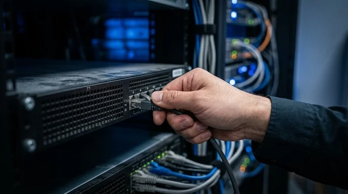 A network engineer's hand plugging an ethernet cable into a media server rack port.