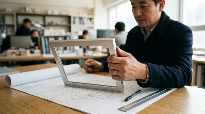 An architect's hand holds a metal screen frame sample over a blueprint on a bright table.