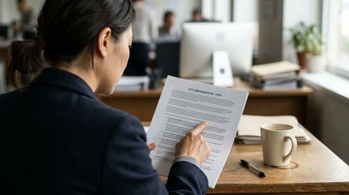 Over the shoulder of a Korean planner pointing at a printed ordinance document, with the office out of focus.