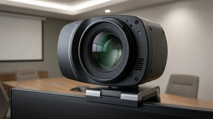 Macro view of an auto-framing camera lens mounted on a large display in a meeting room.