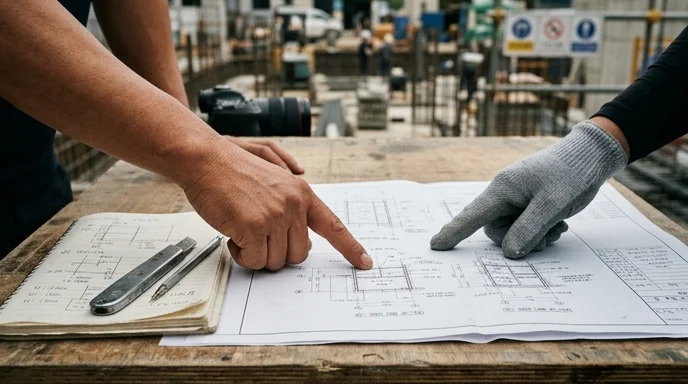 Two Korean technicians' hands pointing at a printed blueprint and notes on a work table.
