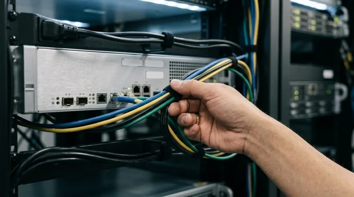 A Korean technician's hand organizing cables near a media server in a server rack.