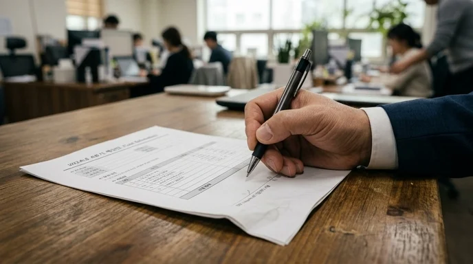 A hand holding a pen over a printed cost estimation document lying on an office desk.