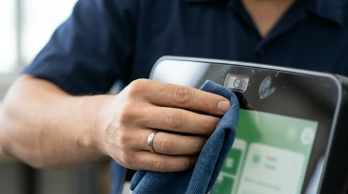 A Korean technician's hand wiping the sensor unit of an interactive display.