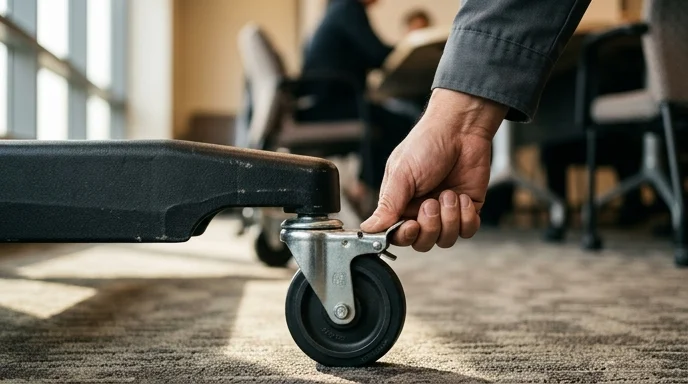 A technician's hand locking the heavy-duty caster wheel on the base of a mobile stand.