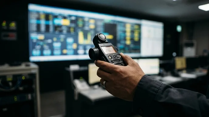 A Korean operator's hand holding a light meter in front of a large display in a control room.
