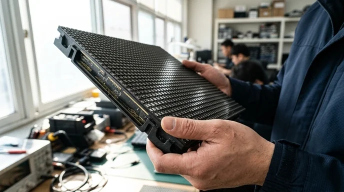 A Korean technician's two hands holding an LED module panel near a bright window to check the reflection.