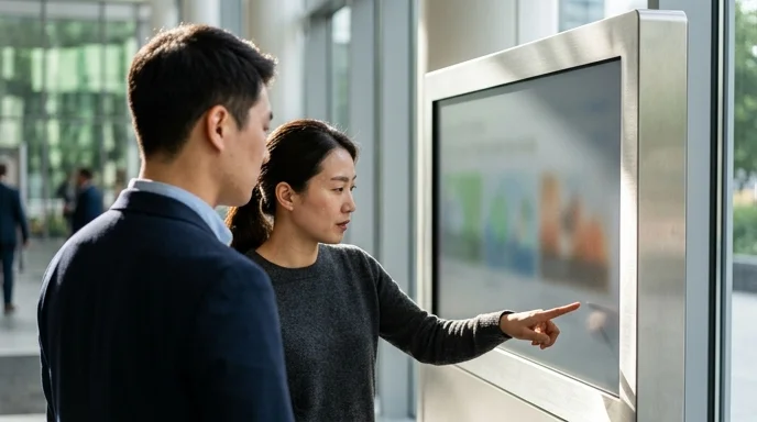 Two Korean colleagues checking the screen visibility of a digital signage panel near a bright window in morning sunlight.
