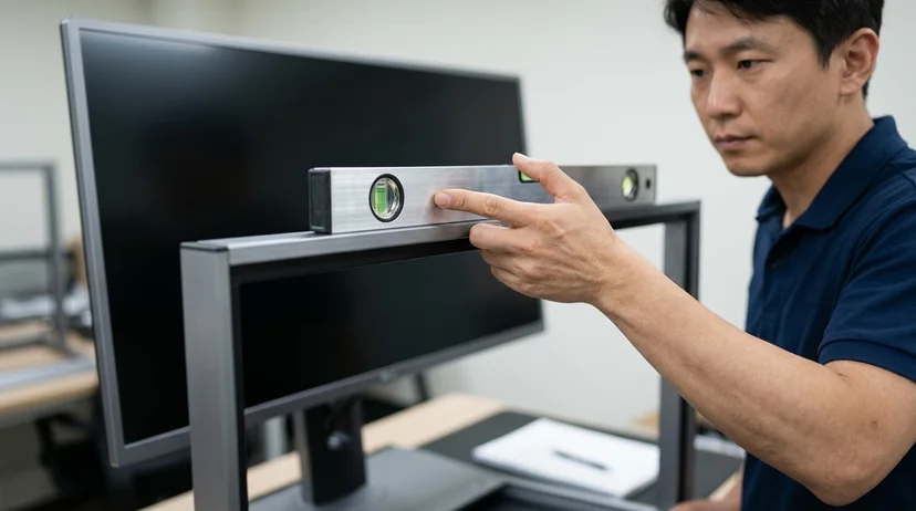 A Korean technician's hand holding a level against a stand-type screen frame.