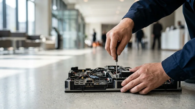 A Korean technician's bare hands assembling an LED module on a clean lobby floor.