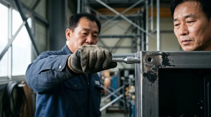 A gloved Korean hand tightening a bolt on an LED cabinet.