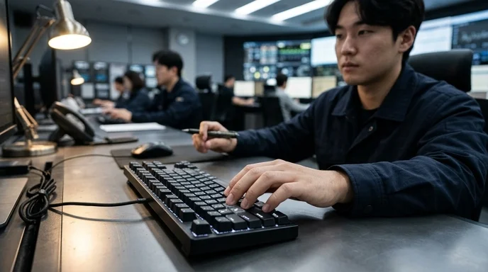 An operator presses a shortcut key on a keyboard with a status board visible in the background.