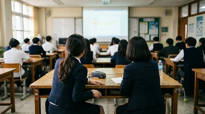 Two Korean students looking at a large display from the back of a bright classroom.