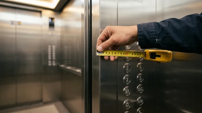 An installer's hand holds a yellow measuring tape against a clean elevator wall near a metal button panel.