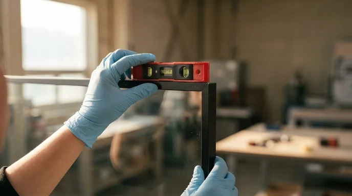 A technician's gloved hand holding a level against the corner of a screen frame.