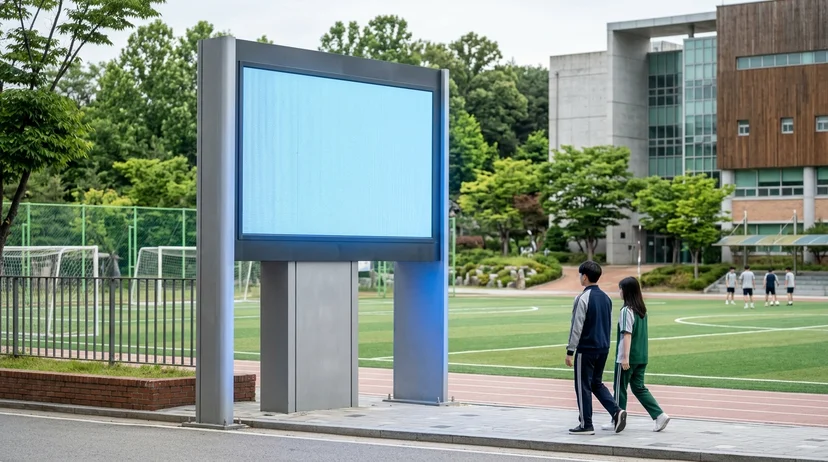 나무가 심어진 학교 운동장 가장자리에 철제 지주 위에 세워진 가로로 긴 전광판간판이 파란 단색 화면을 출력하고 있다.