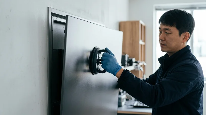 A Korean technician's gloved hand using a suction tool to detach a front panel from a screen frame mounted on a wall.
