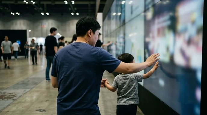 A Korean child and father reaching out toward a large interactive display from behind.