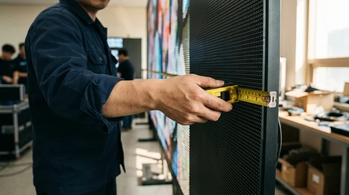 A Korean technician's hand pulling a measuring tape away from the surface of a large LED display.