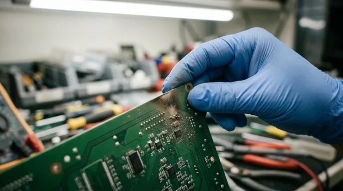A gloved hand examining a circuit board with a faint burn mark on a workbench.