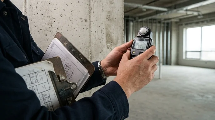 A Korean engineer's hands holding a light meter against a concrete wall in an empty space.
