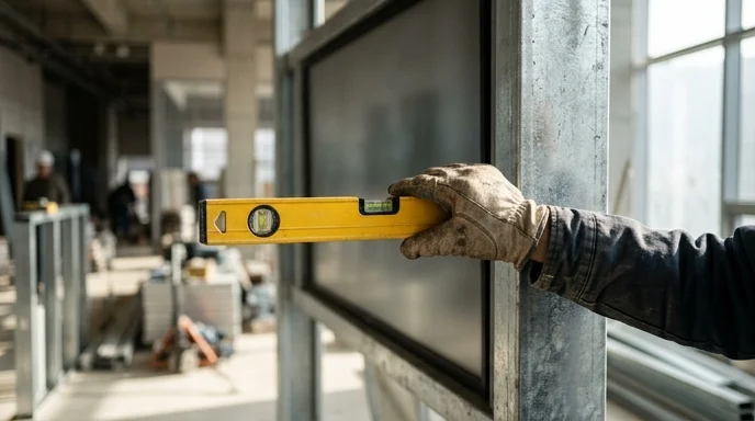 A worker's gloved hand holding a spirit level against a thick metal display frame.