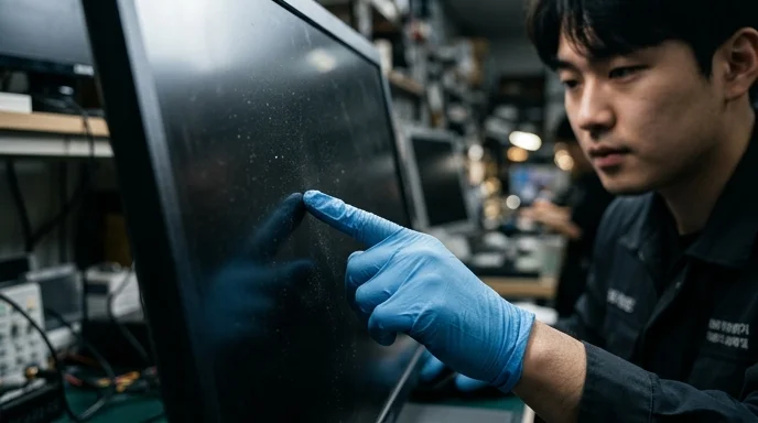 A gloved hand gently touching the surface of a large display screen to inspect its coating quality.