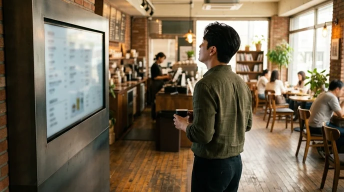 A Korean cafe owner looking at a large display on the wall from behind.