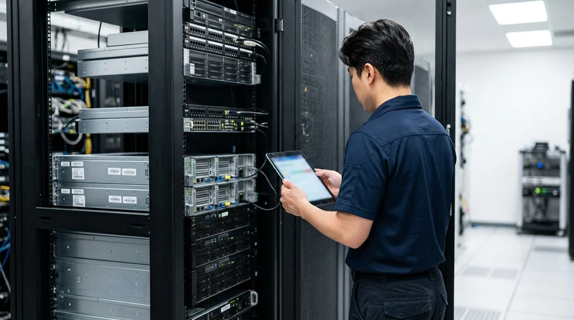 A Korean technician holding a tablet in front of a media server inside a rack.