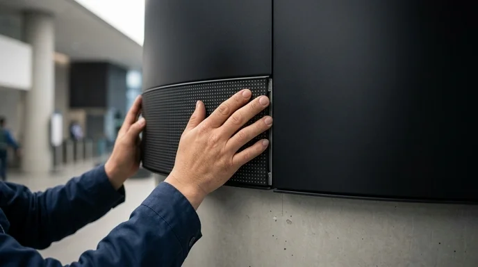 A Korean technician's hands pressing an LED module panel onto a curved indoor pillar.