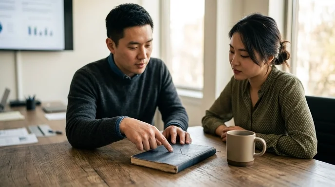 Two colleagues discuss near a creased notebook and a mug on a wooden table.