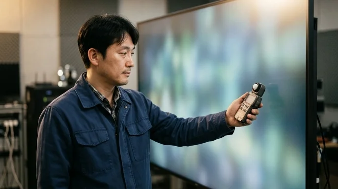 A Korean technician measuring the brightness of a large display with a light meter in an indoor testing room.